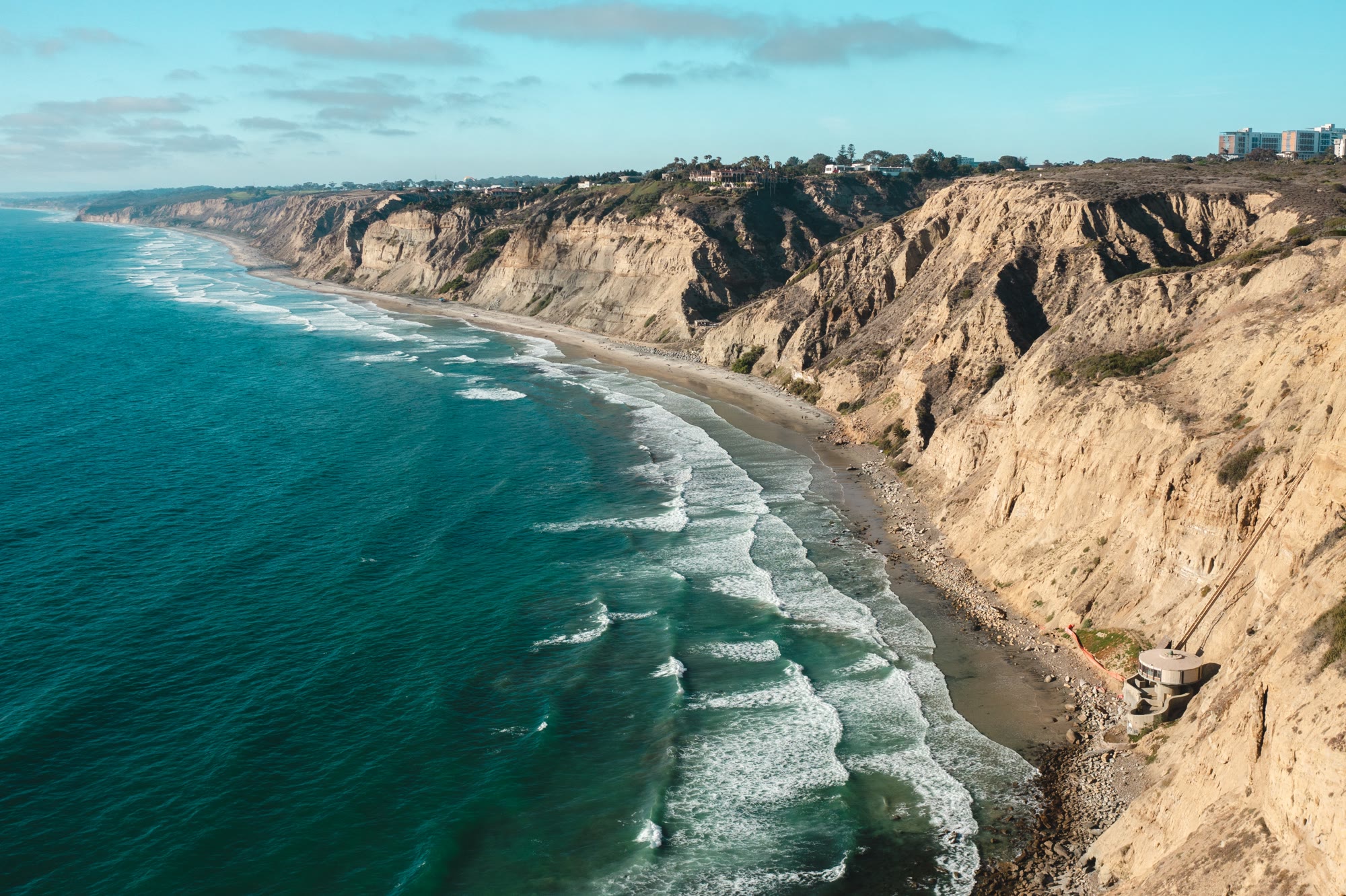 Aerial shots of La Jolla Shores Scripps Pier The cliffs of
