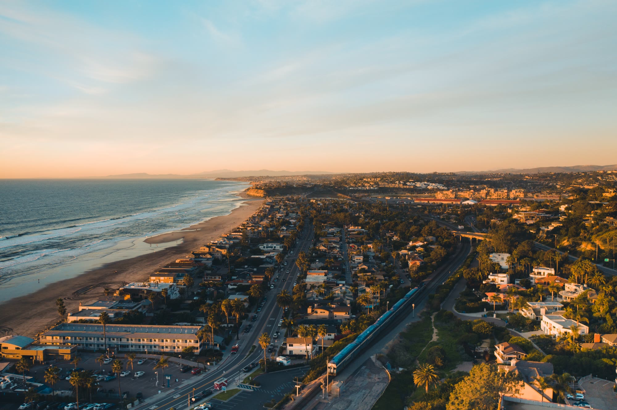 The Amtrak Pacific Surfliner on the Del Mar Bluffs, sunset