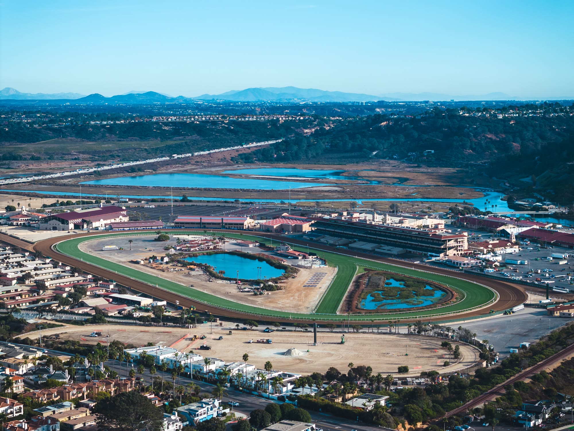 Aerial shot of Del Mar Racetrack on a sunny day