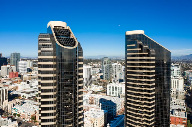 Aerial view of the downtown streets, the skyline and homes at San Diego Marina.