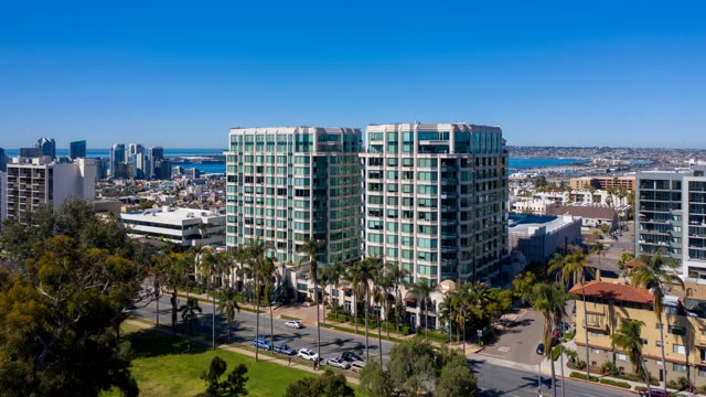 Aerial view of the downtown streets, the skyline and palm trees at Bankers Hill.