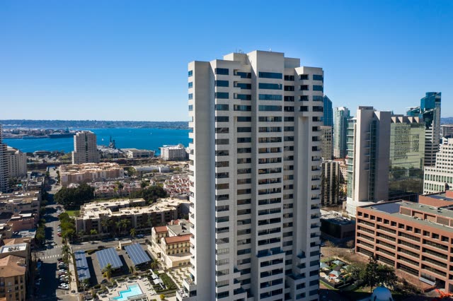 Aerial view of the downtown streets, the skyline and boats at San Diego Marina.