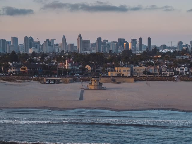 Aerial view of the beach, the skyline and palm trees at Coronado Bridge.