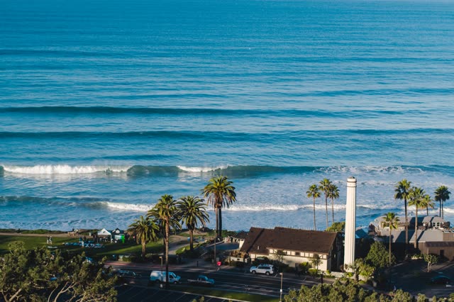 Aerial view of the beach, the surf and palm trees in Del Mar.