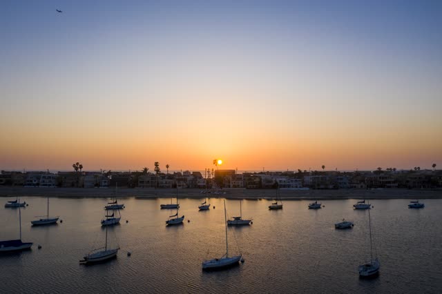 Low aerial view of the harbor, boats and palm trees in Mission Bay, with boats out.