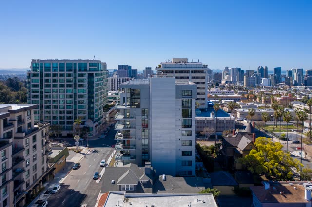 Aerial view of the downtown streets, the skyline and palm trees at Bankers Hill.