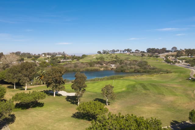 Aerial view of a park, open country and the water in Encinitas.