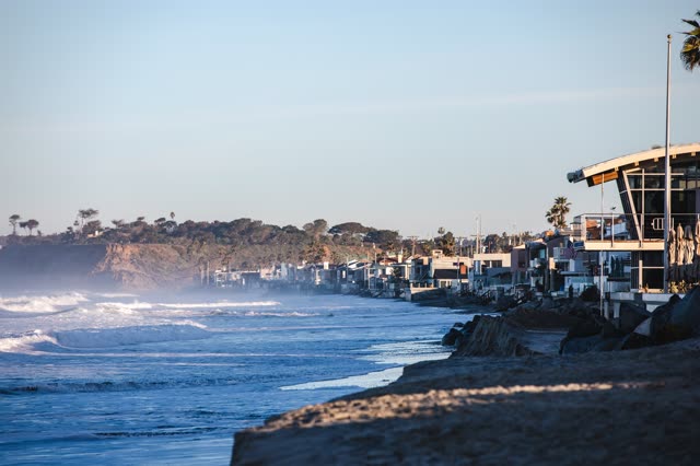 The beach, the surf and palm trees in Del Mar.