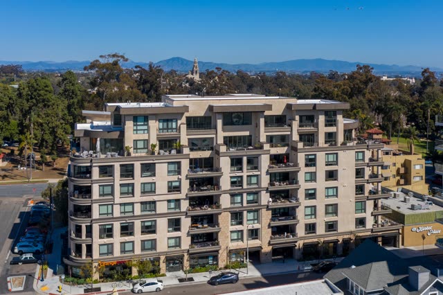Low aerial view of the downtown streets, homes and the buildings at Bankers Hill.