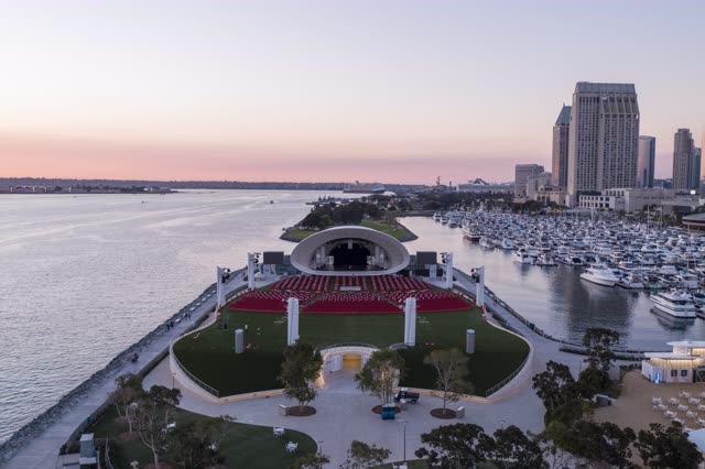 Aerial sunset shot of The Rady Shell Concert and Event Venue on the San Diego Bay Marina District Downtown San Diego | Drone Photo – 14