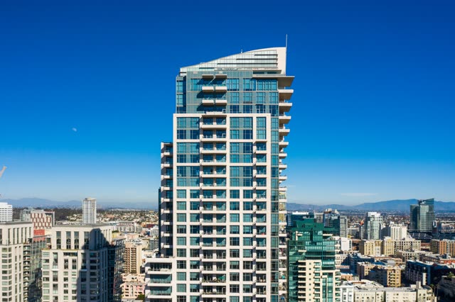 Aerial view of the downtown streets, the skyline and the buildings at San Diego Marina.