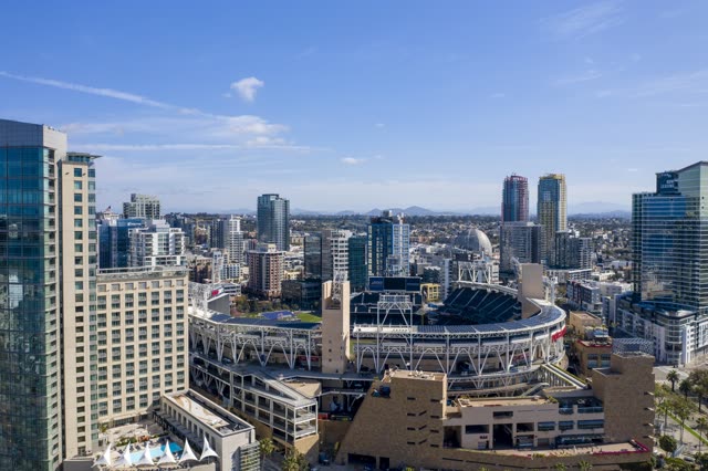 Aerial view of the downtown streets, the skyline and the buildings in Downtown San Diego.