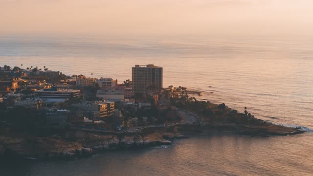 Aerial view of the cliffs, palm trees and the ocean at La Jolla Cove.