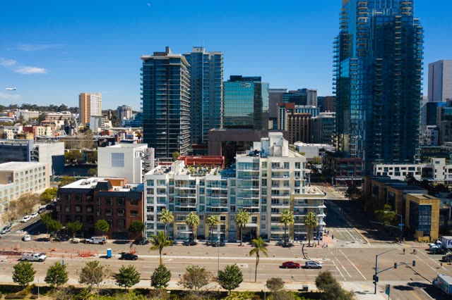 Aerial view of the downtown streets, the skyline and palm trees at Waterfront.