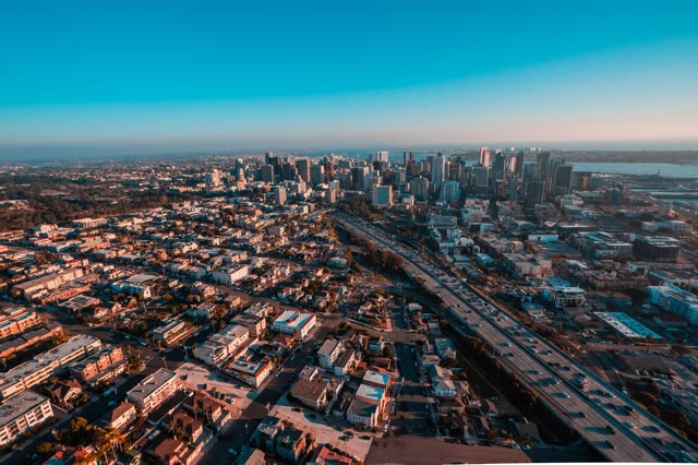 Aerial view of the downtown streets, the skyline and homes at San Diego Marina.