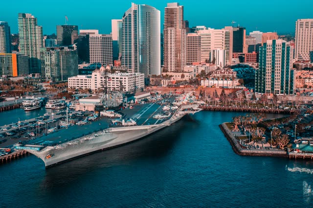 Aerial view of the harbor, the skyline and boats at San Diego Marina.