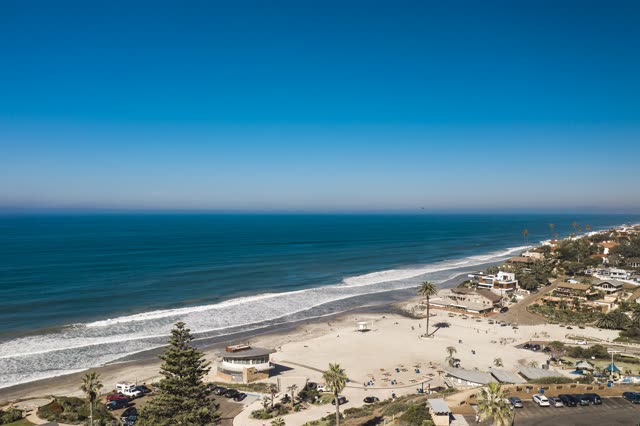 Aerial view of the beach, the surf and palm trees at Moonlight Beach, with people walking.