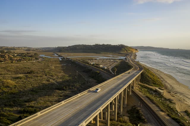 Aerial view of the cliffs, the bridge and the ocean in Del Mar.
