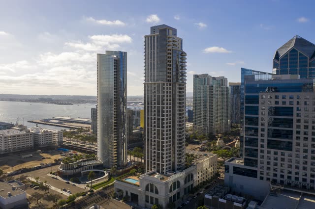 Aerial view of the downtown streets, the skyline and boats at Waterfront.