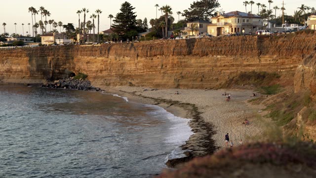 Elevated view of the cliffs, palm trees and the ocean at Sunset Cliffs, with people walking.