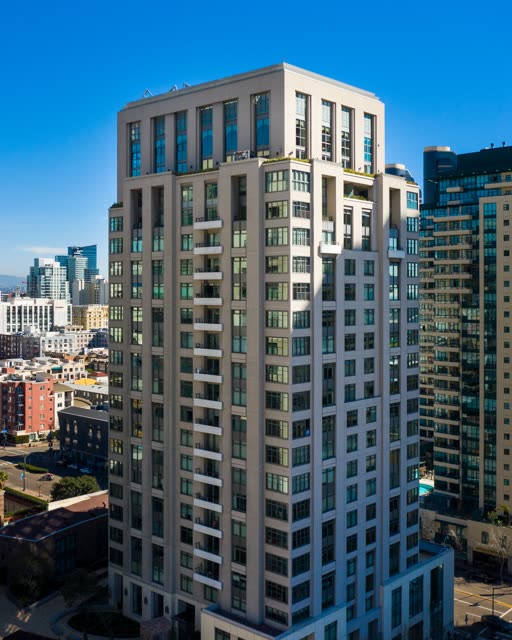 Aerial view of the downtown streets, the skyline and the buildings at San Diego Marina.