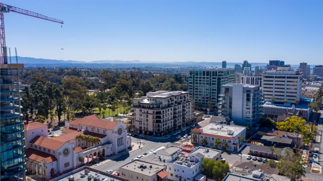 Aerial view of the downtown streets, the skyline and homes at Bankers Hill.