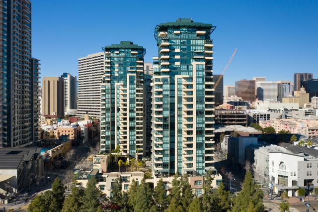 Aerial view of the downtown streets, the skyline and palm trees at San Diego Marina.