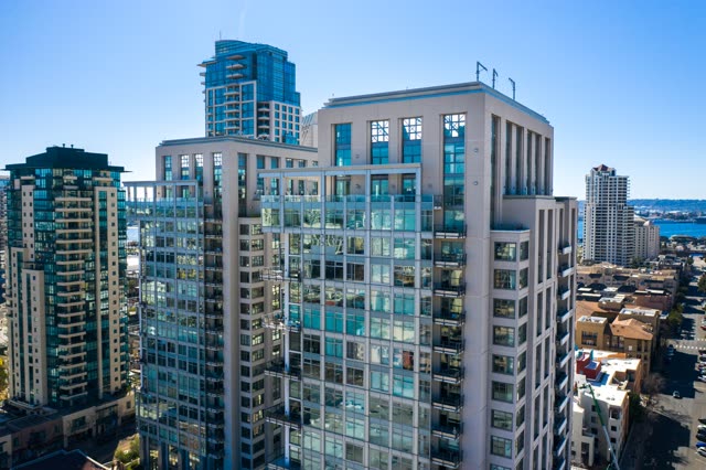 Aerial view of the downtown streets, the skyline and the buildings at San Diego Marina.
