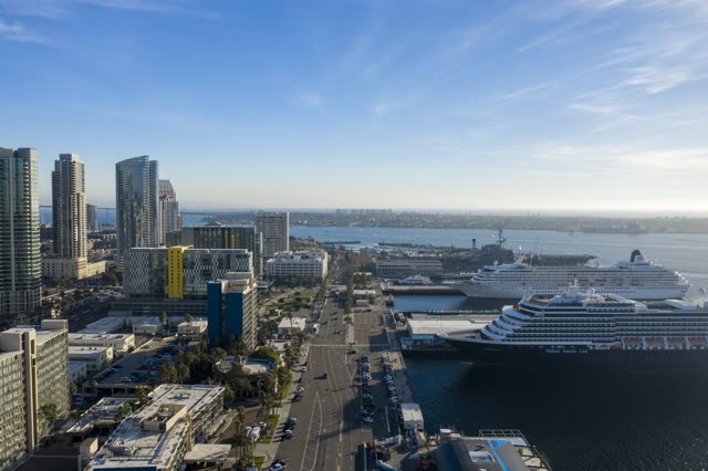 Aerial view of the downtown streets, the bridge and the skyline at Waterfront.