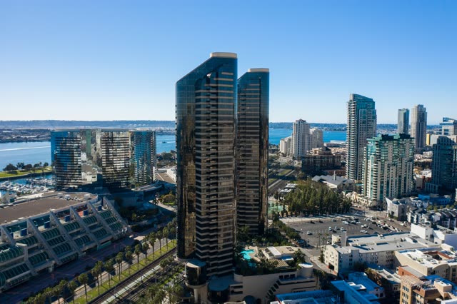 Aerial view of the downtown streets, the skyline and boats at San Diego Marina.