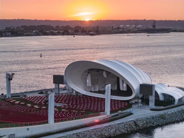 Aerial sunset shot of The Rady Shell Concert and Event Venue on the San Diego Bay Marina District Downtown San Diego | Drone Photo – 10