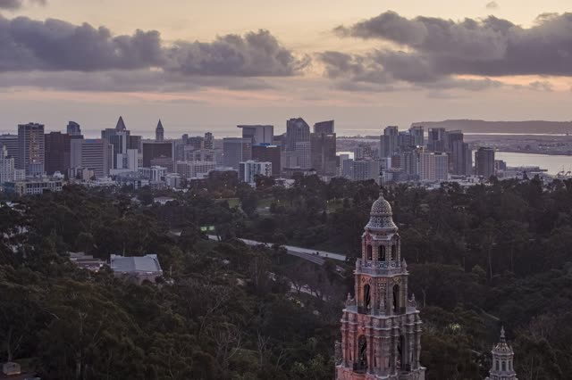 Aerial view of the downtown streets, the skyline and the bay in Balboa Park.