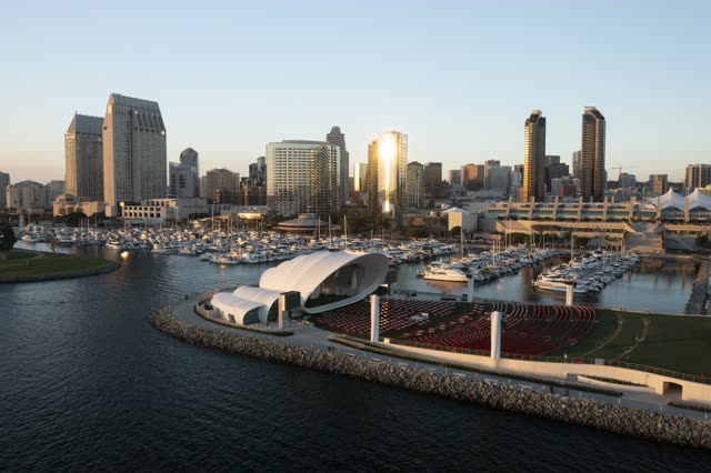 Aerial view of the downtown streets, the skyline and boats at San Diego Marina.