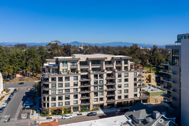 Aerial view of the downtown streets, homes and the buildings at Bankers Hill.