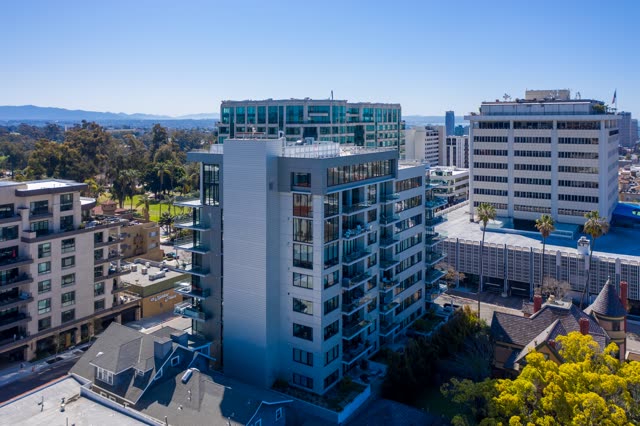 Aerial view of the downtown streets, the skyline and palm trees at Bankers Hill.