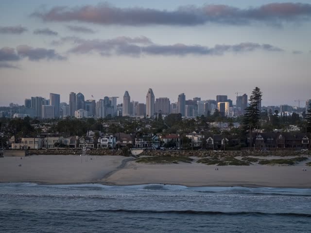 Aerial view of the beach, the skyline and palm trees at Coronado Bridge.