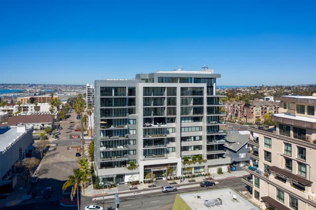 Aerial view of the downtown streets, palm trees and the bay at Bankers Hill.