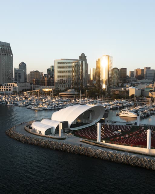 Aerial view of the harbor, the skyline and boats at San Diego Marina.