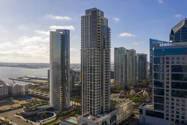 Aerial view of the downtown streets, the skyline and boats at Waterfront.