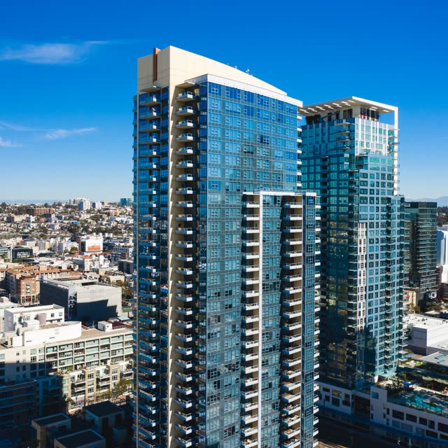 Aerial view of the downtown streets, the skyline and homes at Waterfront.