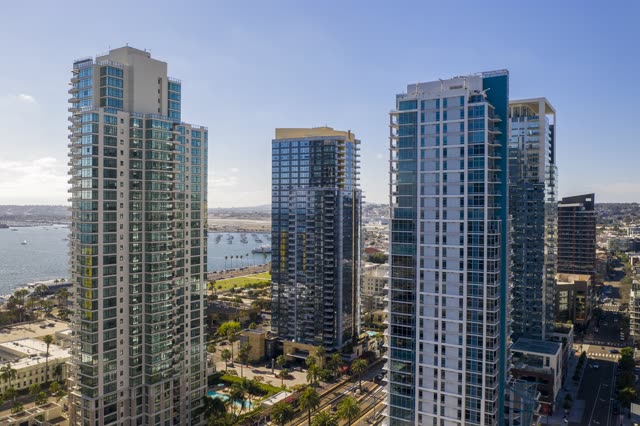 Aerial view of the downtown streets, the skyline and boats at Waterfront.