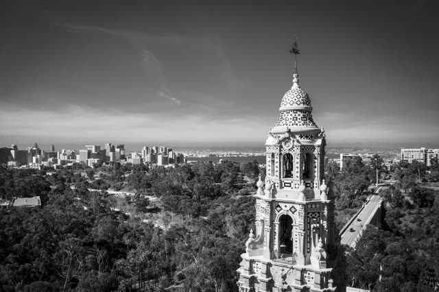 Aerial view of a park, the skyline and the buildings in Balboa Park.