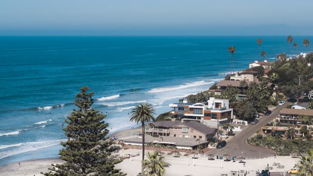 Aerial view of the beach, the surf and palm trees at Moonlight Beach, with people walking.