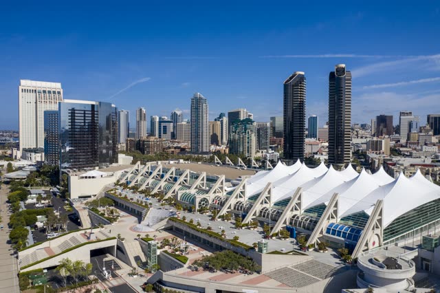 Aerial view of the downtown streets, the skyline and the buildings in Downtown San Diego.