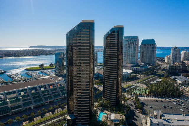 Aerial view of the downtown streets, the skyline and boats at San Diego Marina.