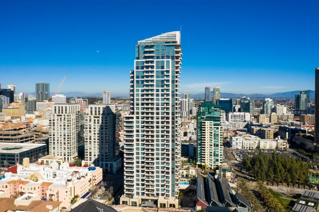 Aerial view of the downtown streets, the skyline and homes at San Diego Marina.