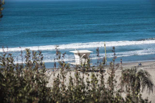 Elevated view of the beach, the surf and palm trees at Moonlight Beach, with people walking.