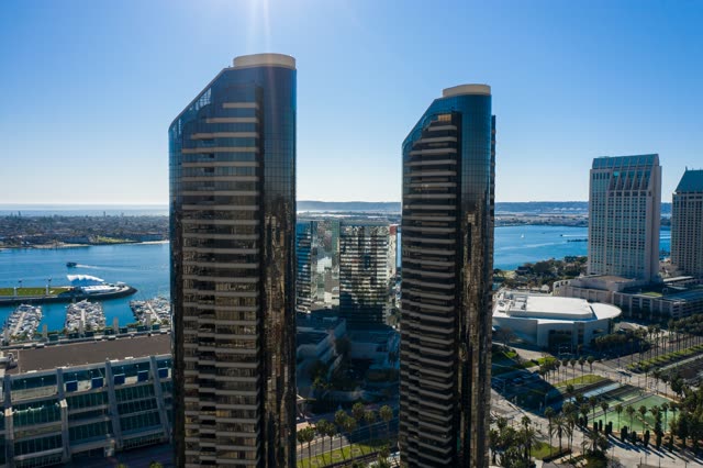Aerial view of the downtown streets, the skyline and boats at San Diego Marina.