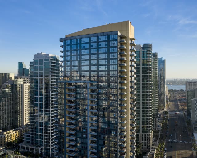 Aerial view of the downtown streets, the skyline and the buildings at Waterfront.