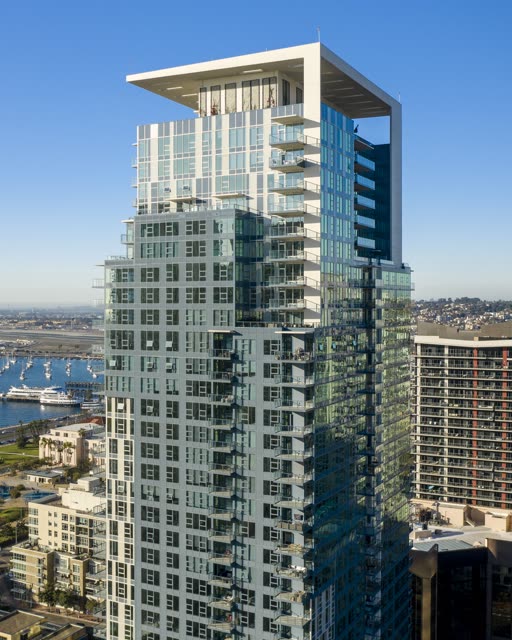 Aerial view of the downtown streets, boats and the bay at Waterfront.